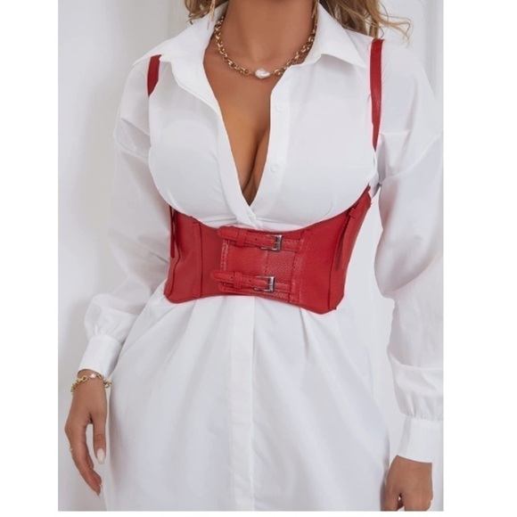 Womens Sexy Steampunk Vegan Red Leather Bustier Underbust Waist Belt Corset - Picture 4 of 7